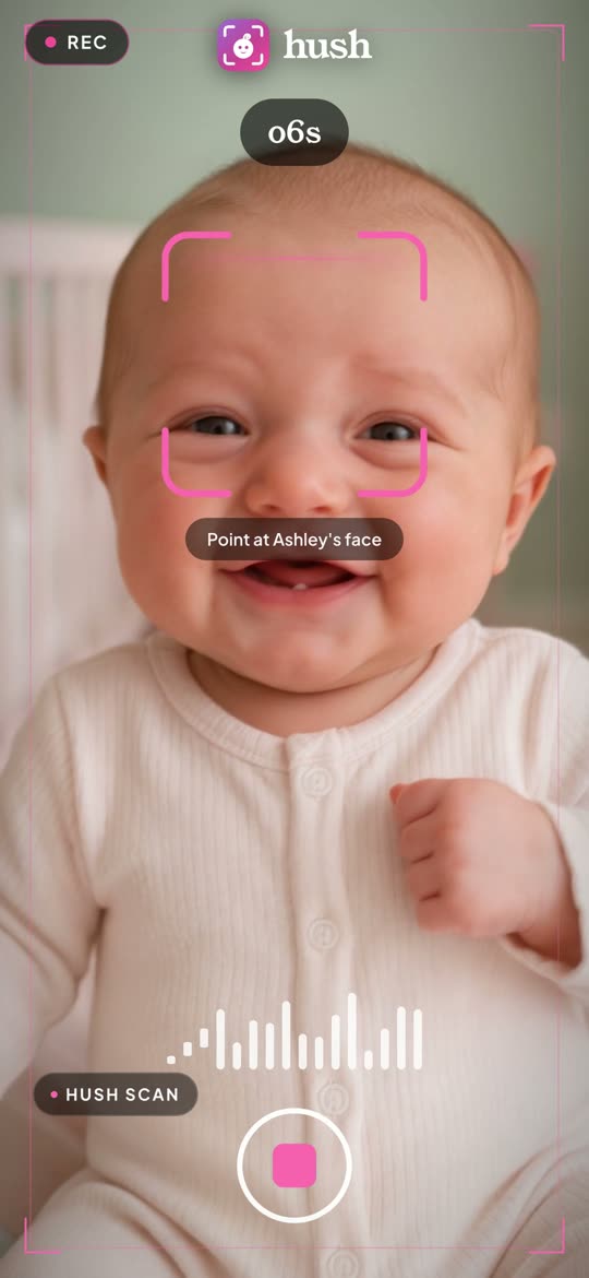 Hush scanning a crying baby, then the reading: Ashley is gassy - there's a bubble stuck in my tummy and I can't get it out.