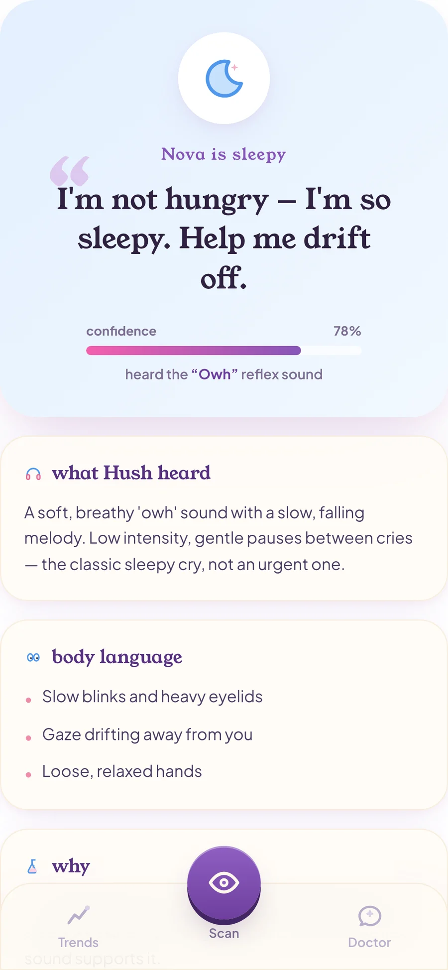 A Hush reading: Nova is sleepy — I'm not hungry, I'm so sleepy. Help me drift off — with the body-language cues Hush saw.